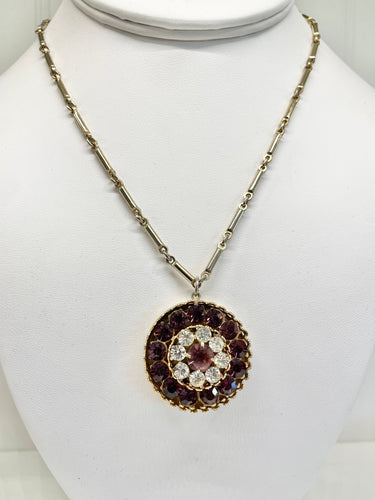 1960s Purple Rhinestone Circle Pendant Necklace Jewelry Bloomers and Frocks